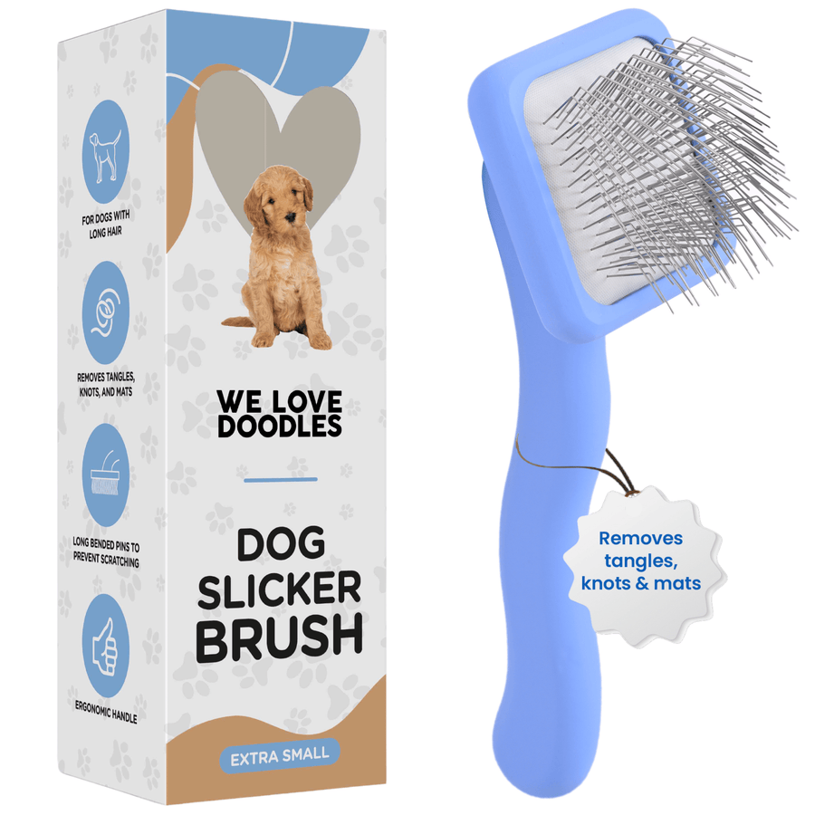 Blue slicker brush with long angled metal pins shown next to a branded box that reads Dog Slicker Brush extra small. A hang tag notes removes tangles knots and mats.