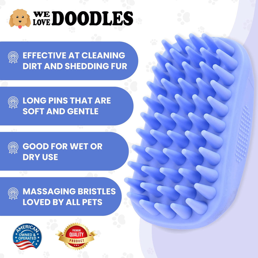 Callout graphic lists cleaning dirt and shedding fur, soft gentle pins, wet or dry use, and massaging bristles next to a blue brush.