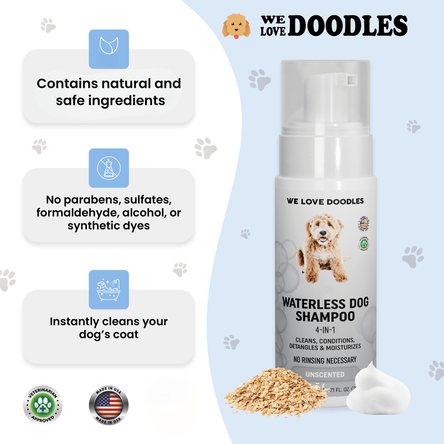 Infographic with the shampoo bottle, oats, and foam on a paw print background. Callouts note natural ingredients and no parabens, sulfates, formaldehyde, alcohol, or dyes.