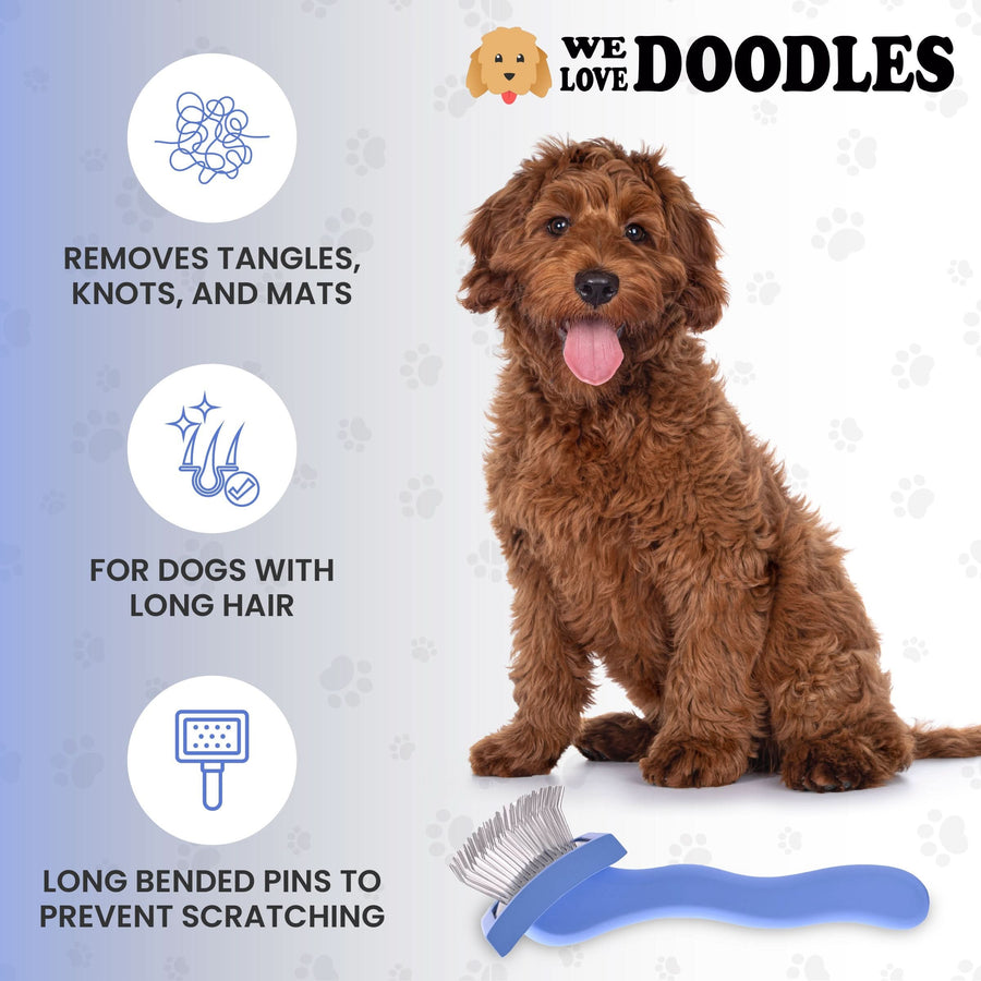 Brown curly coated dog sits beside three feature icons that note tangle removal, long hair use, and bent pins. A blue curved slicker brush appears at the bottom.