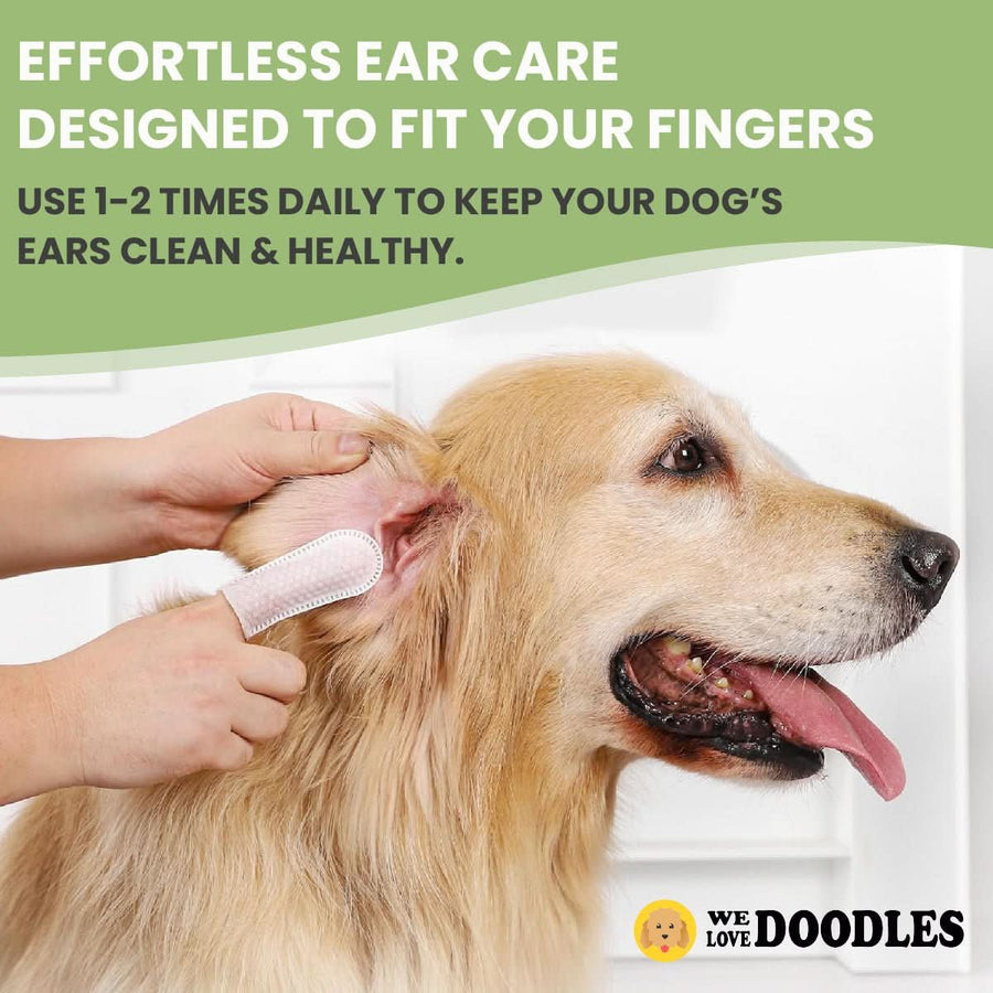 Person cleans a light golden dog's ear with a white textured finger wipe in a bright indoor setting. Headline notes effortless ear care with a tip to use one to two times daily.