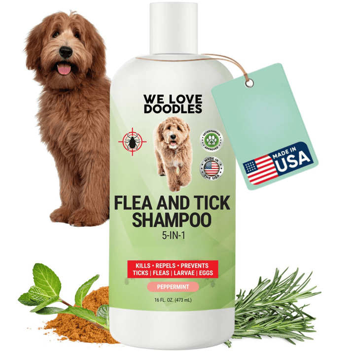 White 16 oz bottle with a green label that reads Flea and Tick Shampoo 5 in 1 peppermint. A fluffy brown dog sits beside mint leaves, ground spice, and rosemary with a Made in USA tag.