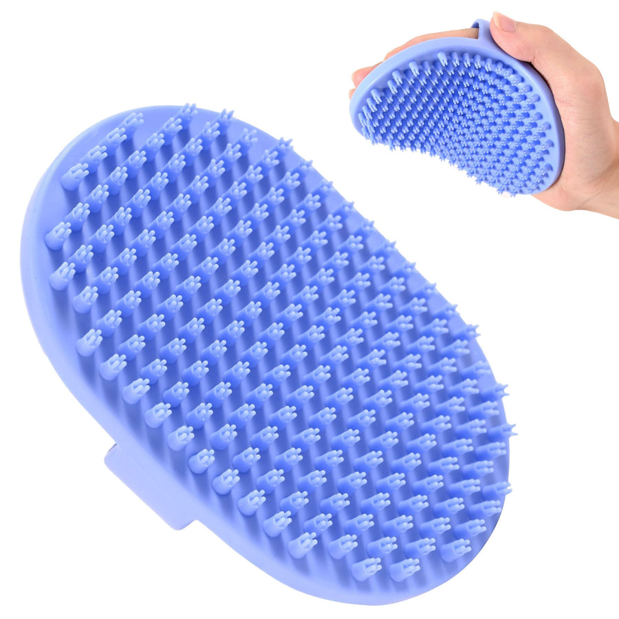 A hand bends a pliable blue short-pin brush while a larger short-nub brush lies nearby on a white background.
