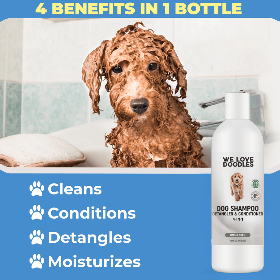 Dog in a bathtub covered in lather beside the We Love Doodles bottle. Text lists four benefits in one bottle cleans conditions detangles and moisturizes.