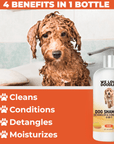 A dog covered in suds sits in a tub above an orange banner that lists cleans, conditions, detangles, and moisturizes. A Mango scent bottle appears on the right side.