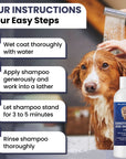 Instruction graphic shows a wet dog being rinsed and steps to wet coat, apply and lather, let sit for 3 to 5 minutes, then rinse thoroughly. Product bottle is pictured.