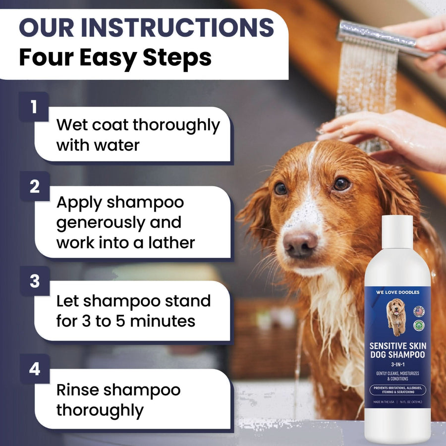 Instruction graphic shows a wet dog being rinsed and steps to wet coat, apply and lather, let sit for 3 to 5 minutes, then rinse thoroughly. Product bottle is pictured.