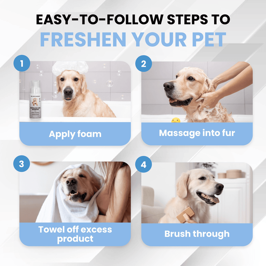 Instruction collage with four numbered panels. Steps show applying foam, massaging into fur, toweling off excess, and brushing through for a fast coat refresh at home.