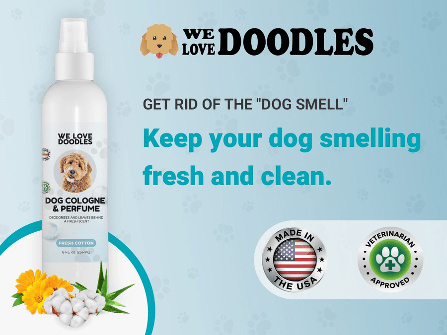Blue graphic featuring the Fresh Cotton cologne bottle and a message about keeping dogs fresh and clean. Badges show made in the USA and veterinarian approved with botanicals at the bottom.