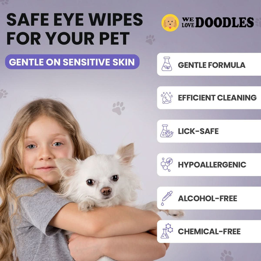 Purple graphic showing a person holding a small white dog. Callouts list gentle formula, efficient cleaning, lick safe, hypoallergenic, alcohol free, and chemical free with the brand logo at the top.