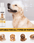 Golden retriever sits in a white tub with soap bubbles and a foam cap. A We Love Doodles Puppy Shampoo bottle is placed beside the dog. Banner notes suitable for all puppies.