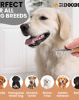 Person grooms a golden retriever with the small dematting rake. Icons show several dog breeds with text that says perfect for all breeds.