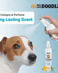 A hand sprays the We Love Doodles bottle toward a brown and white dog on a blue background with paw prints and the words long lasting scent. A smaller product image appears at the bottom.
