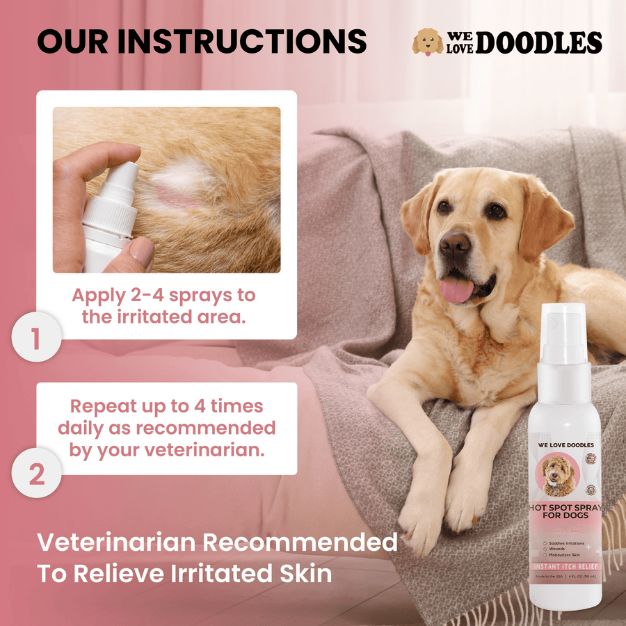 Instruction image shows a hand spraying an irritated patch on a dog. Directions say apply 2 to 4 sprays and repeat up to 4 times daily as recommended by a veterinarian.