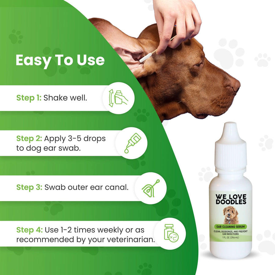 A hand holds a swab near a brown dog's ear beside a step graphic. Text shows shake well, apply 3 to 5 drops to swab, swab the outer ear canal, and use one to two times weekly or as your vet recommends.