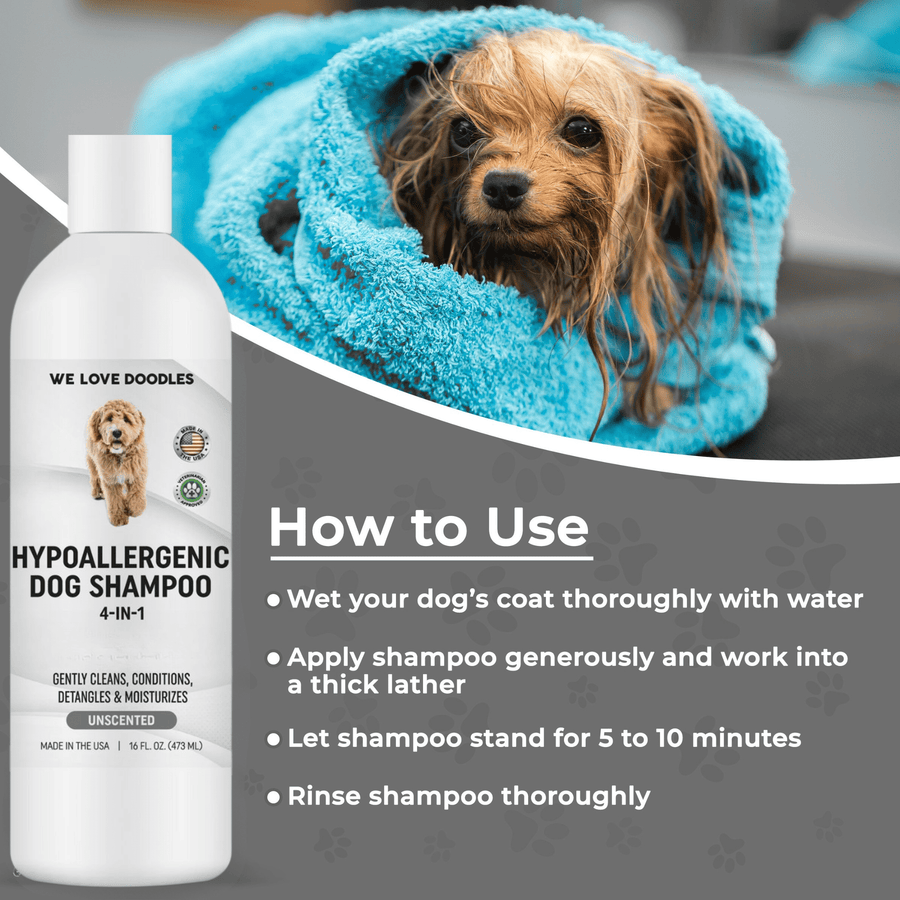 Dog wrapped in a blue towel beside the bottle with step by step text. Wet coat apply and lather let stand 5 to 10 minutes then rinse thoroughly.