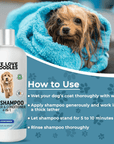 Instruction graphic with a small dog wrapped in a blue towel and an Ocean Breeze bottle. Steps show wet coat, apply and lather, let stand 5 to 10 minutes, then rinse thoroughly.
