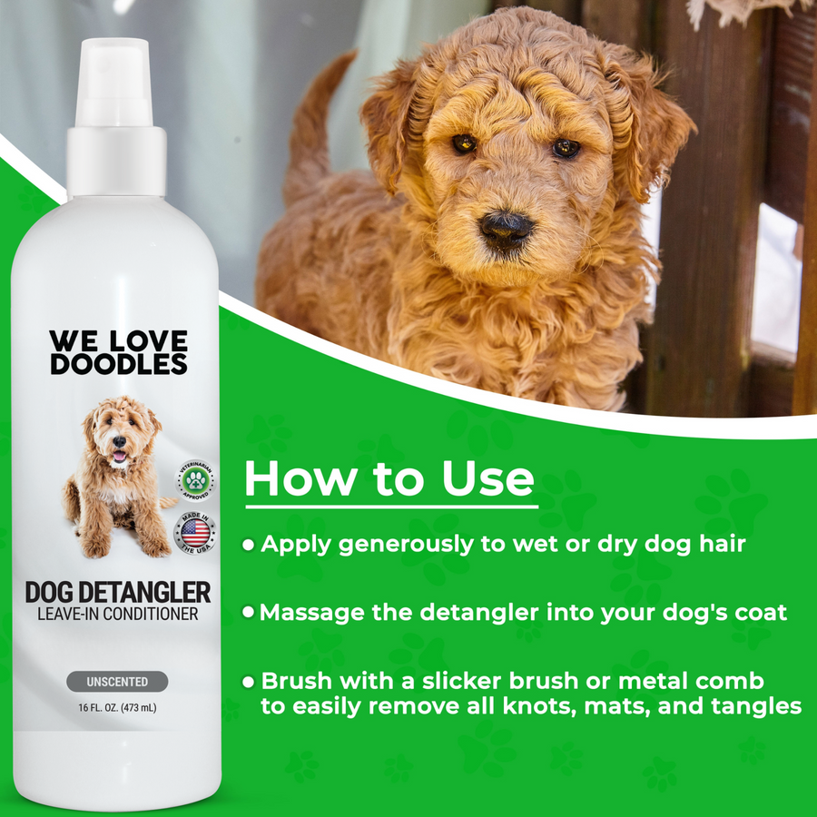 Green graphic with a white detangler bottle and a curly dog that explains apply to wet or dry coat, massage in, then brush with a slicker brush or metal comb.