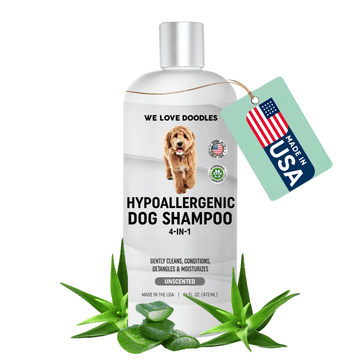 White bottle labeled Hypoallergenic Dog Shampoo 4-in-1 unscented with a Made in USA tag. Aloe leaves sit around the base of the bottle on a clean white background.
