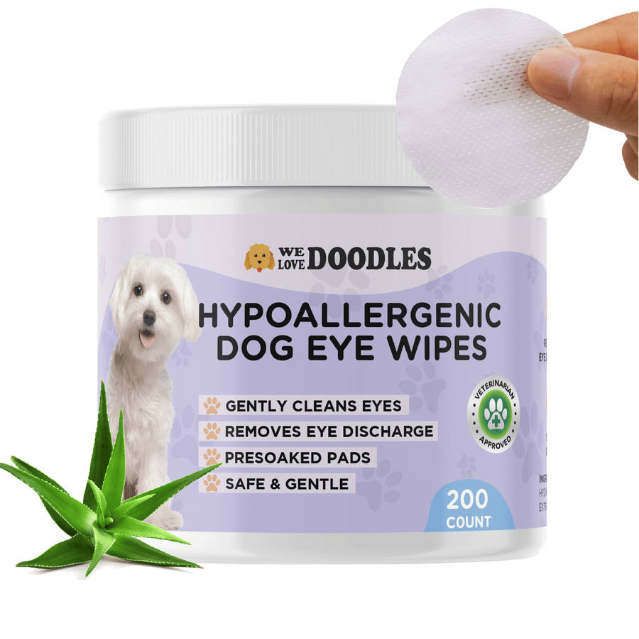White plastic jar with a light purple label that reads Hypoallergenic Dog Eye Wipes. A hand holds a round textured pad near the lid and an aloe leaf sits by the jar. A blue badge shows 200 count.
