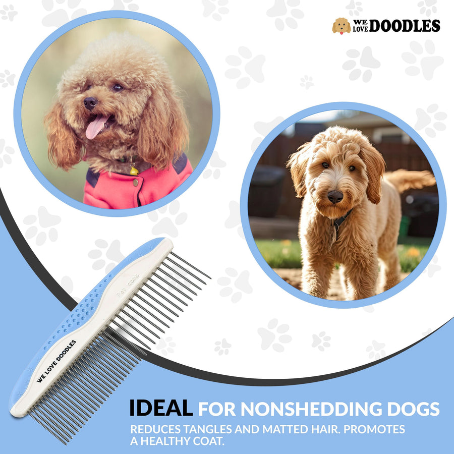 Graphic shows two curly coated dogs in circles and a blue and white comb with text that says Ideal for nonshedding dogs and reduces tangles.