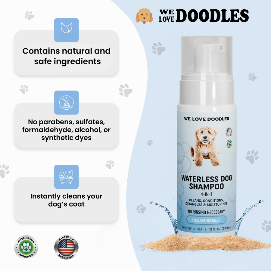Light blue graphic showing the shampoo bottle with notes for natural ingredients and no parabens, sulfates, formaldehyde, alcohol, or synthetic dyes, with vet approved and Made in USA badges.