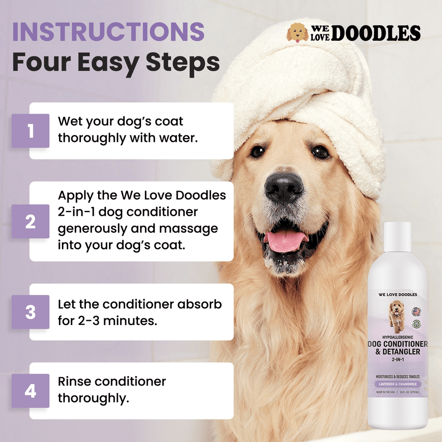 Step image explains wet the coat, apply conditioner, let it absorb for 2 to 3 minutes, and rinse. The bottle appears on the right over a bath scene.