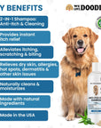 Blue callouts list 2 in 1 cleaning and anti itch instant relief alleviates scratching relieves dry skin natural ingredients and made in USA next to the bottle.