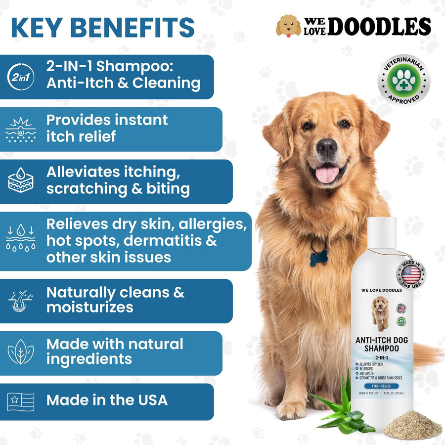 Blue callouts list 2 in 1 cleaning and anti itch instant relief alleviates scratching relieves dry skin natural ingredients and made in USA next to the bottle.
