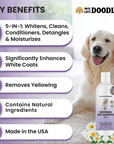 Purple benefits panel lists 5-in-1 actions whitens cleans conditions detangles and moisturizes. Notes enhanced white coats, removes yellowing, natural ingredients, and made in the USA. A dog and product bottle appear beside the text.