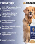 Dog sits beside the bottle while text lists benefits such as 3 in 1 cleans moisturizes and conditions, helps with itching and scratching, natural ingredients, and made in the USA.