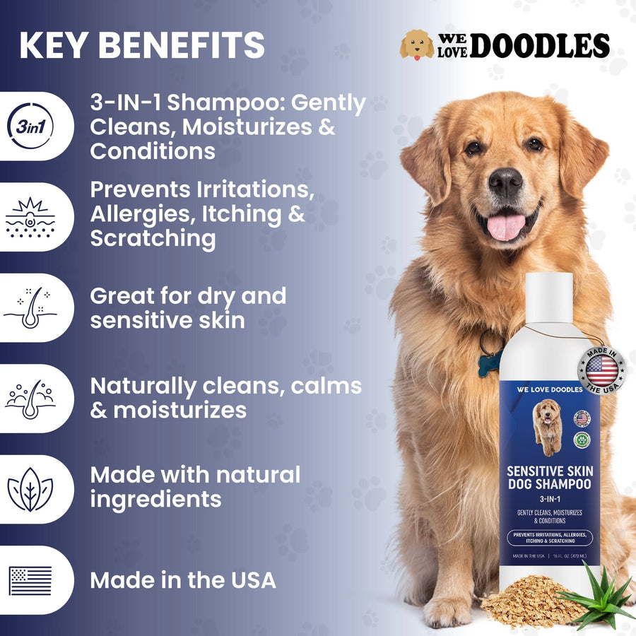 Dog sits beside the bottle while text lists benefits such as 3 in 1 cleans moisturizes and conditions, helps with itching and scratching, natural ingredients, and made in the USA.