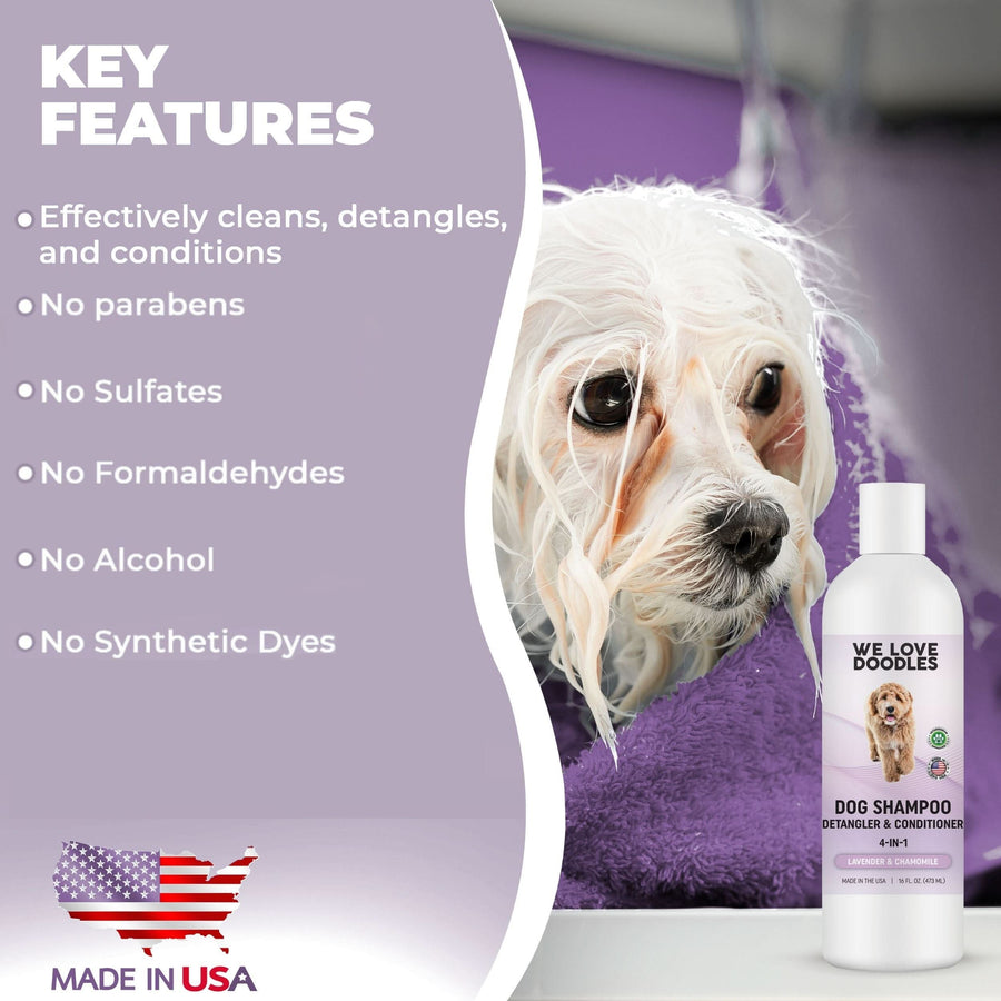 Purple panel lists features such as effectively cleans detangles and conditions and no parabens sulfates formaldehydes alcohol or synthetic dyes. A wet small dog in a purple towel and a bottle appear on the right.