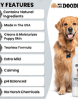 Infographic with a dog beside the shampoo bottle. Panels show natural ingredients, made in USA, cleans and moisturizes, tearless, extra mild, calming, pH balanced, and no harsh chemicals.