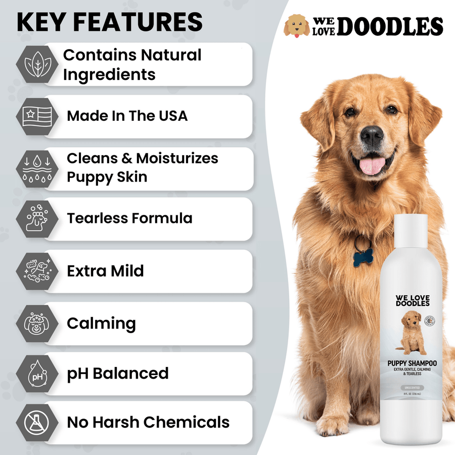 Infographic with a dog beside the shampoo bottle. Panels show natural ingredients, made in USA, cleans and moisturizes, tearless, extra mild, calming, pH balanced, and no harsh chemicals.