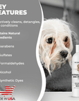 Wet small dog beside the white shampoo bottle with text listing natural ingredients and no parabens sulfates formaldehydes alcohol or synthetic dyes. Made in USA note shown.