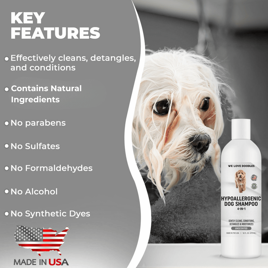 Wet small dog beside the white shampoo bottle with text listing natural ingredients and no parabens sulfates formaldehydes alcohol or synthetic dyes. Made in USA note shown.