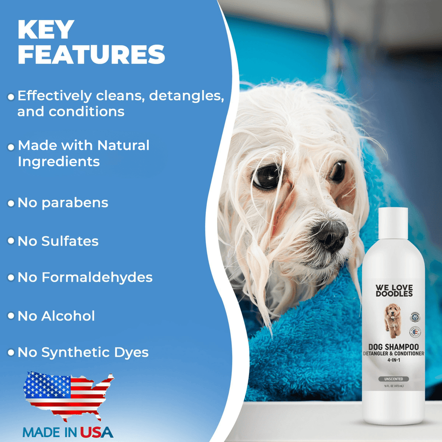 Blue and white panel with a wet dog in a blue towel and a bottle. Text highlights natural ingredients and no parabens sulfates formaldehydes alcohol or synthetic dyes. Made in USA badge shown.