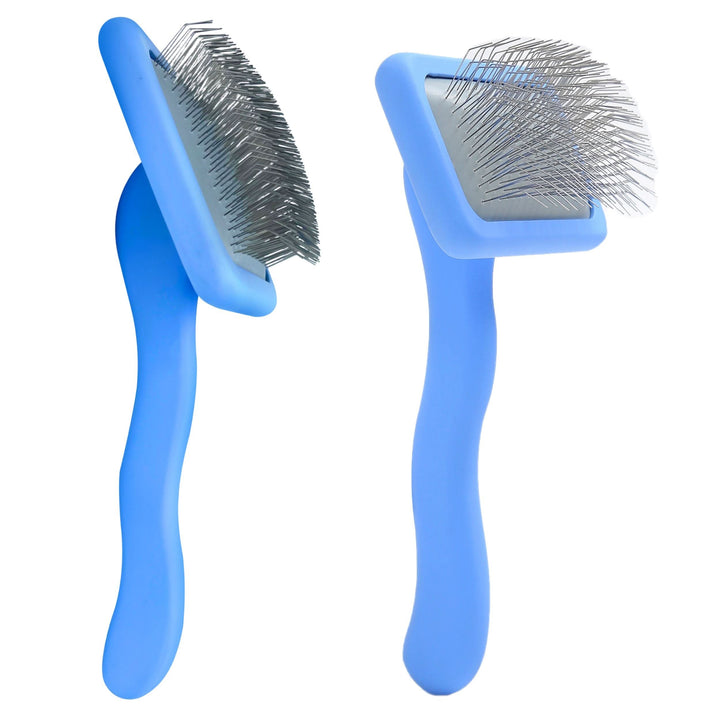 Two blue slicker brushes, one large and one small, shown on a white background. Each has a square metal pad with dense long bent stainless pins and curved handles.