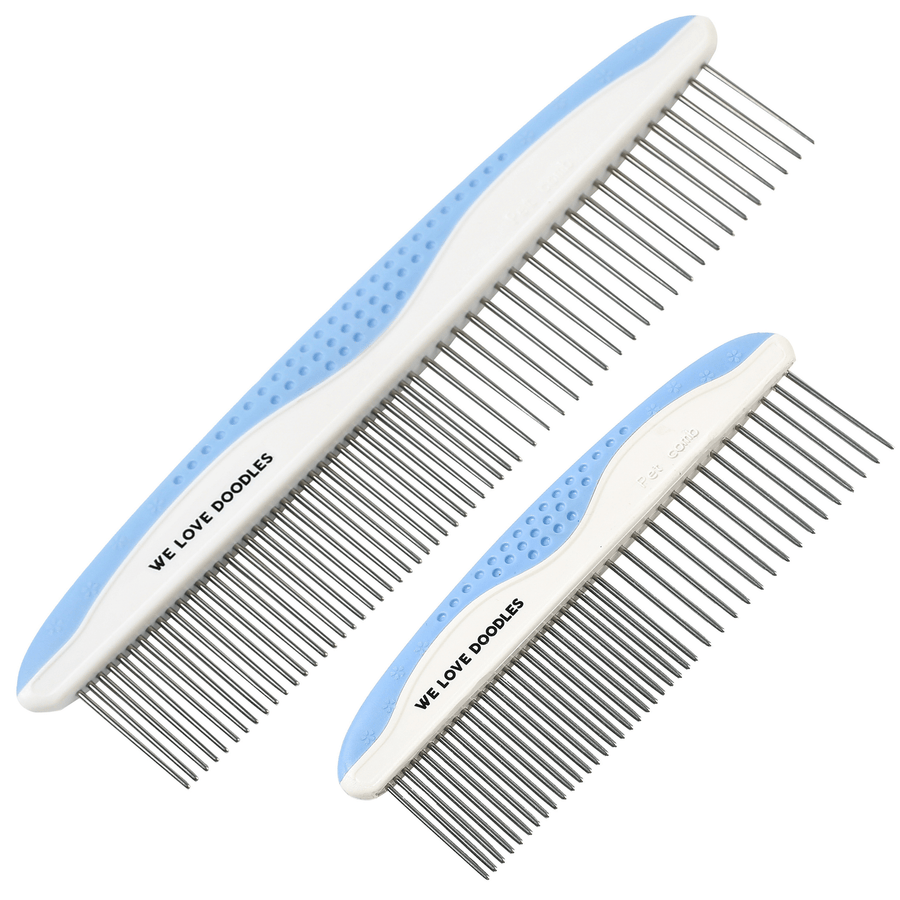 Two blue and white We Love Doodles combs in large and small sizes with metal teeth on a clean white background.