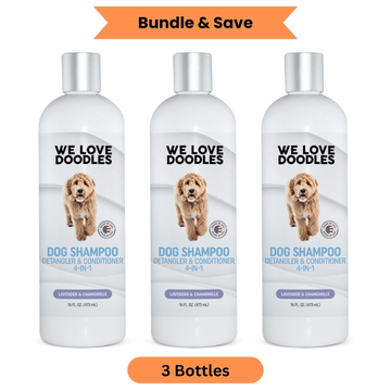 Three white 16 oz We Love Doodles Dog Shampoo bottles in a bundle. Labels read Dog Shampoo 4 in 1 with lavender and chamomile. Orange banners say Bundle and Save and 3 Bottles.
