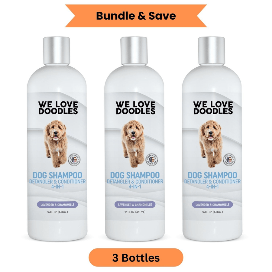 Three white 16 oz We Love Doodles Dog Shampoo bottles in a bundle. Labels read Dog Shampoo 4 in 1 with lavender and chamomile. Orange banners say Bundle and Save and 3 Bottles.