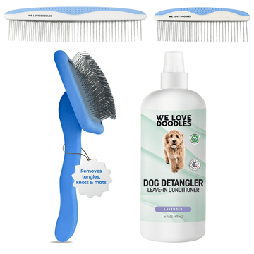 White background set with a blue slicker brush, two stainless steel combs, and a bottle labeled Dog Detangler Leave In Conditioner Lavender