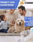 Family room image highlighting quiet operation and capacity. Callouts show vacuum noise less than 60 dB and a large 2L hair bin while the white unit collects fur.