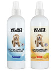 Two white We Love Doodles detangler bottles with a doodle dog on the label. Left is blue Ocean Breeze. Right is mango orange. Both are 16 fl oz leave in conditioner.