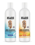 Two white 16 oz bottles on a white background. Left label shows Ocean Breeze with blue wave art. Right label shows Mango with an orange gradient and mango fruit. Both read Dog Shampoo Detangler and Conditioner 4 in 1.