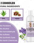 Graphic highlights aloe and jojoba next to the conditioner bottle with a checklist that states no parabens, no alcohol, no formaldehyde, no sulfates, no synthetic dyes, and no harsh chemicals.