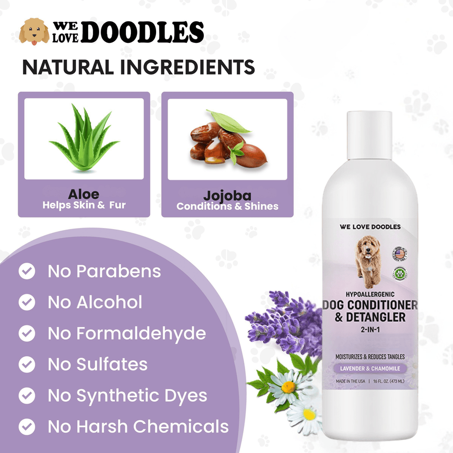 Graphic highlights aloe and jojoba next to the conditioner bottle with a checklist that states no parabens, no alcohol, no formaldehyde, no sulfates, no synthetic dyes, and no harsh chemicals.