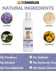 White background layout with a Puppy Shampoo bottle surrounded by lavender, chamomile, oatmeal, and calendula ingredient photos.