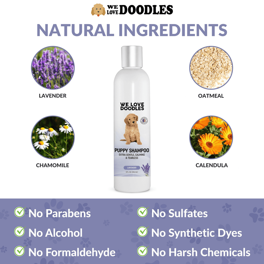 White background layout with a Puppy Shampoo bottle surrounded by lavender, chamomile, oatmeal, and calendula ingredient photos.